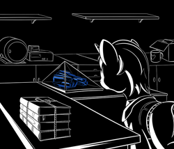 Size: 700x600 | Tagged: safe, artist:sirvalter, oc, oc only, oc:scripted switch, species:pony, species:unicorn, fanfic:steyblridge chronicle, black and white, book, clothing, fanfic, fanfic art, grayscale, horn, illustration, laboratory, male, monochrome, mug, neo noir, partial color, research institute, scientist, solo, stallion
