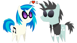 Size: 3400x1928 | Tagged: safe, artist:diigii-doll, artist:kacu95, edit, character:dj pon-3, character:neon lights, character:rising star, character:vinyl scratch, species:pony, species:unicorn, chibi, clothing, cutie mark, female, glasses, heart, hooves, horn, male, mare, music notes, necktie, pointy ponies, shipping, shirt, simple background, smiling, straight, sunglasses, transparent background, vector, vinylights