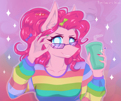 Size: 2842x2371 | Tagged: safe, artist:taleriko, rcf community, character:pinkie pie, species:anthro, clothing, drink, drinking straw, female, glasses, long nails, nail polish, nails, smiling, solo, white pupils, zoom layer