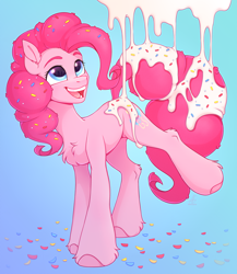 Size: 2516x2904 | Tagged: safe, artist:argigen, rcf community, character:pinkie pie, species:earth pony, species:pony, blue background, chest fluff, confetti, cute, diapinkes, ear fluff, female, food, frosting, high res, leg fluff, mare, open mouth, simple background, solo, sprinkles