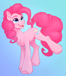 Size: 2516x2904 | Tagged: safe, alternate version, artist:argigen, rcf community, character:pinkie pie, species:earth pony, species:pony, blue background, chest fluff, cute, diapinkes, ear fluff, female, high res, leg fluff, open mouth, simple background, solo