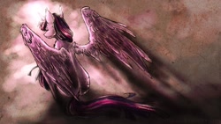 Size: 1600x900 | Tagged: safe, artist:dream--chan, character:twilight sparkle, character:twilight sparkle (alicorn), species:alicorn, species:pony, back, backlighting, female, mare, sitting, solo, spread wings, wings