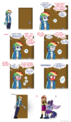 Size: 812x1388 | Tagged: safe, artist:crydius, character:rainbow dash, character:sunset shimmer, character:twilight sparkle, character:twilight sparkle (scitwi), species:eqg human, my little pony:equestria girls, bait and switch, blushing, blushing profusely, door, eavesdropping, exclamation point, innuendo, interrobang, ponied up, question mark, scitwilicorn, simple background, sweat, sweatdrop, transparent background, wings