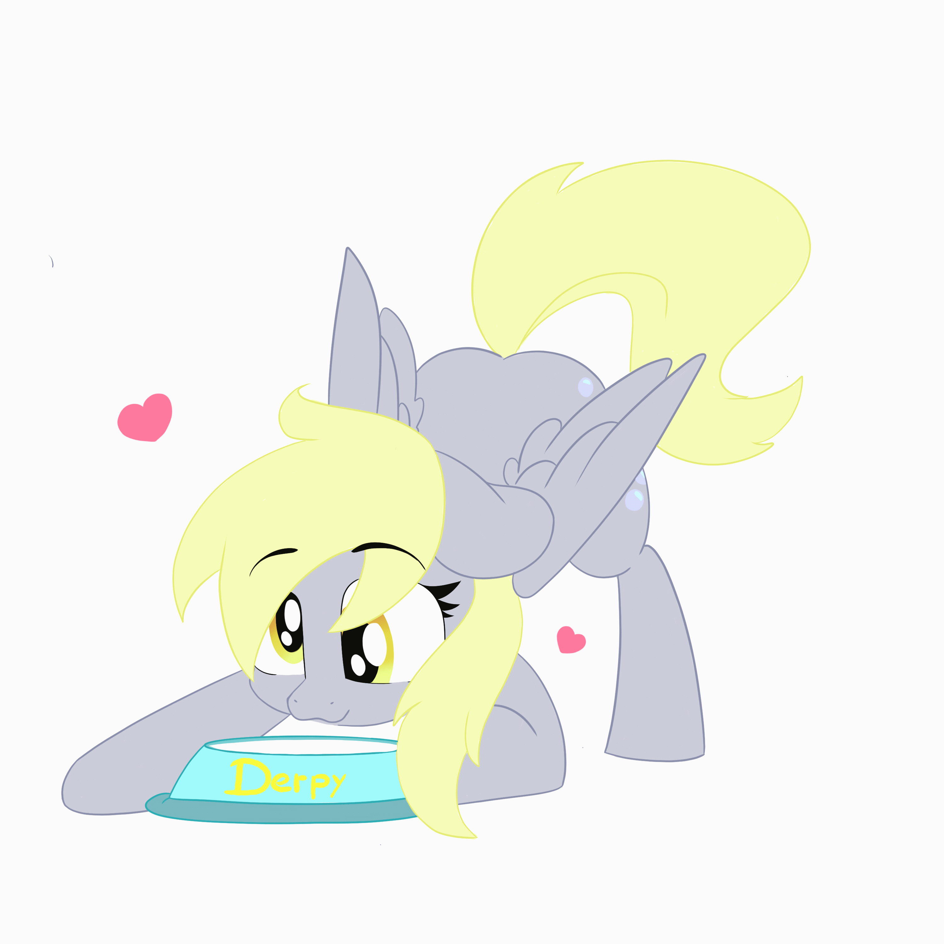 Size: 3000x3000 | Tagged: safe, artist:saralien, character:derpy hooves, species:pegasus, species:pony, animated, behaving like a cat, cute, derpabetes, eye shimmer, face down ass up, female, floating heart, floppy ears, food bowl, gif, gift art, heart, high res, lapping, licking, mare, milk, solo, tongue out