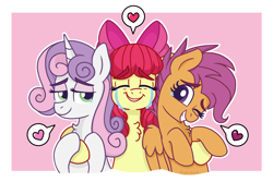Size: 2250x1507 | Tagged: safe, artist:pink-pone, character:apple bloom, character:scootaloo, character:sweetie belle, species:earth pony, species:pegasus, species:pony, species:unicorn, chest fluff, crying, cute, cutie mark crusaders, female, heart, hug, older, older apple bloom, older cmc, older scootaloo, older sweetie belle, pictogram, redraw, simple background, smiling, tears of joy, teary eyes