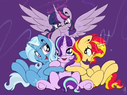 Size: 2048x1535 | Tagged: safe, artist:saralien, character:starlight glimmer, character:sunset shimmer, character:trixie, character:twilight sparkle, character:twilight sparkle (alicorn), species:alicorn, species:pony, species:unicorn, chest fluff, counterparts, cute, female, hair over one eye, looking at you, magic, magical quartet, mare, one eye closed, open mouth, purple background, simple background, sitting, twilight's counterparts