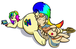 Size: 1280x840 | Tagged: safe, artist:khaki-cap, commissioner:bigonionbean, writer:bigonionbean, character:braeburn, oc, oc only, oc:rainbow tashie, oc:spicy cider, species:earth pony, species:pegasus, species:pony, butt pillow, clothing, commission, controller, cutie mark, earth pony oc, extra thicc, flank, fusion, fusion:spicy cider, huge butt, joycon, large butt, nintendo 64, nintendo switch, pegasus oc, simple background, sleeping, thicc ass, transparent background, underhoof, wind waker (character), wings, ych result