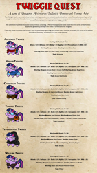 Size: 1920x3400 | Tagged: safe, artist:velgarn, character:twilight sparkle, character:twilight sparkle (unicorn), species:pony, species:unicorn, adventurer, alchemist, armor, bag, cloak, clothing, combatant, crossover, fantasy class, female, fighter, fur mantle, glasses, goggles, hero quest, mare, parody, potion, rogue, saddle bag, scarf, silly, spell caster, style emulation, tabletop gaming, tinkerer, twiggie, twiggie quest, wildling, wizard