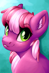 Size: 6000x9000 | Tagged: safe, artist:faline-art, character:cheerilee, species:earth pony, species:pony, absurd resolution, bust, cheek fluff, cheeribetes, cute, ear fluff, female, green background, mare, portrait, simple background, smiling, solo
