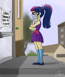 Size: 2081x2464 | Tagged: safe, artist:oinktweetstudios, character:twilight sparkle, character:twilight sparkle (scitwi), species:eqg human, my little pony:equestria girls, book, closed, clothing, coronavirus, covid-19, door, human coloration, library, mask, socks