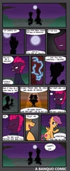 Size: 1501x3678 | Tagged: safe, artist:banquo0, character:fizzlepop berrytwist, character:scootaloo, character:tempest shadow, species:pegasus, species:pony, species:unicorn, broken horn, comic, dialogue, eye scar, horn, lightning, scar, silhouette, text