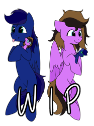 Size: 1280x1707 | Tagged: safe, artist:jellysiek, oc, oc only, species:pegasus, species:pony, body pillow, duo, female, male, mare, original species, plush pony, plushie, simple background, stallion, tongue out, transparent background, wip