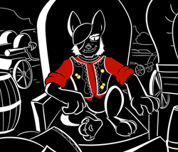 Size: 700x600 | Tagged: safe, artist:sirvalter, oc, oc only, oc:baron wolf, species:diamond dog, fanfic:steyblridge chronicle, barrel, black and white, chair, clothing, diamond dog oc, fanfic, fanfic art, grayscale, illustration, male, monochrome, neo noir, one eyed, outdoors, partial color, research institute, sitting, solo, test site, testing area