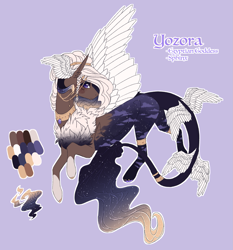 Size: 1461x1567 | Tagged: safe, artist:lunawolf28, oc, oc only, oc:yozora, species:sphinx, blue background, chest fluff, ethereal mane, female, galaxy mane, hair jewelry, head wings, hybrid, jewelry, simple background, solo, tail wings, white outline, wings