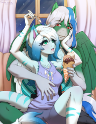Size: 2756x3543 | Tagged: safe, artist:mintjuice, oc, oc only, oc:arctic blitz, oc:silver sword, species:anthro, species:dracony, species:dragon, species:pegasus, species:pony, anthro oc, armpits, clothing, commission, dropped ice cream, food, hybrid, ice cream, looking at each other, room, shirt, shorts, spoon, t-shirt