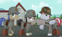 Size: 5000x3000 | Tagged: safe, artist:a4r91n, character:octavia melody, oc, species:earth pony, species:pegasus, species:pony, bandage, bayonet, building, camouflage, clothing, frown, german, hoof hold, iron cross, kriegtavia, looking at you, messy mane, military uniform, pose, scar, smiling, smirk, stahlhelm, tail wrap, world war i