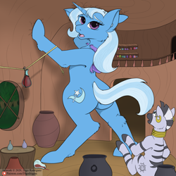 Size: 1280x1280 | Tagged: safe, artist:digoraccoon, character:trixie, character:zecora, species:pony, species:unicorn, species:zebra, cape, cauldron, clothing, ear piercing, earring, female, giant pony, growth, jewelry, macro, mare, mega trixie, neck rings, open mouth, piercing, potion, quadrupedal, trixie's cape, wardrobe malfunction, zecora's hut