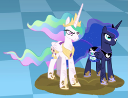 Size: 811x622 | Tagged: safe, artist:thedarkpony, edit, edited screencap, screencap, character:princess celestia, character:princess luna, species:pony, episode:princess twilight sparkle, g4, my little pony: friendship is magic, cropped, female, hoof shoes, horseshoes, implied discord, mare, mud, mud edit