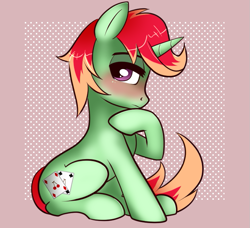 Size: 725x662 | Tagged: safe, artist:ponycide, oc, oc only, oc:jonin, species:pony, species:unicorn, blushing, looking at you, sitting, solo