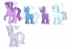 Size: 1280x868 | Tagged: safe, artist:kittii-kat, character:trixie, character:twilight sparkle, character:twilight sparkle (alicorn), oc, oc:charm, oc:suave gambit, oc:tallulah moon, parent:trixie, parent:twilight sparkle, parents:twixie, species:alicorn, species:pony, species:unicorn, ship:twixie, family, female, lesbian, magical lesbian spawn, missing cutie mark, offspring, shipping, simple background, white background