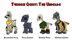 Size: 1200x687 | Tagged: safe, artist:velgarn, species:earth pony, species:pony, armor, barding, bite mark, bone, concept art, cowl, egyptian, fantasy, glowing eyes, monster, mummy, skeleton, skeleton pony, tabletop gaming, trinket, twiggie quest, undead, zombie, zombie pony