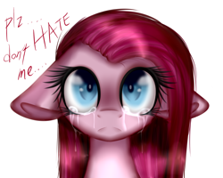 Size: 2500x2000 | Tagged: safe, artist:snowbunny0820, character:pinkamena diane pie, character:pinkie pie, species:earth pony, species:pony, bust, crying, eyelashes, female, floppy ears, frown, looking up, mare, sad, simple background, solo, talking, white background