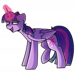 Size: 1310x1310 | Tagged: safe, artist:jellysiek, character:twilight sparkle, character:twilight sparkle (alicorn), species:alicorn, species:pony, bloodshot eyes, crazy face, drugs, eye clipping through hair, faec, female, folded wings, highlight sparkle, magic, mare, open mouth, shading, shadow, simple background, solo, white background, wings