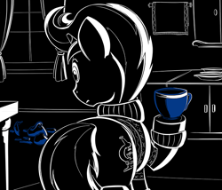Size: 700x600 | Tagged: safe, artist:sirvalter, oc, oc only, oc:scoperage, species:pony, species:unicorn, fanfic:steyblridge chronicle, apartment complex, black and white, clothing, cup, fanfic, fanfic art, grayscale, horn, illustration, kitchen, male, monochrome, neo noir, partial color, research institute, scientist, solo, stallion, teacup