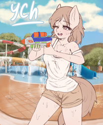 Size: 2565x3092 | Tagged: safe, artist:mintjuice, species:anthro, species:pony, advertisement, breasts, clothing, commission, female, fight, looking at each other, mare, shorts, smiling, watergun, wet clothes, wet shirt, your character here
