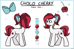Size: 3000x2000 | Tagged: safe, artist:jellysiek, oc, oc:choco cherry, species:earth pony, species:pony, bow, cherry, food, reference sheet, simple background, solo