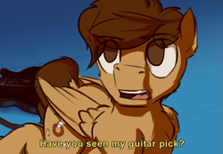 Size: 1183x821 | Tagged: safe, artist:toanderic, oc, oc:toanderic, species:pegasus, species:pony, electric guitar, guitar, guitar pick, meme, musical instrument, pegasus oc, redraw, sailor moon, sailor moon redraw meme, serena tsukino, solo, subtitles, wings