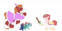 Size: 1280x640 | Tagged: safe, artist:itstechtock, character:big mcintosh, oc, oc:cherry blossom, parent:big macintosh, parent:sugar belle, parents:sugarmac, species:pony, species:unicorn, clothing, crossdressing, dress, female, filly, magic, offspring, plushie, simple background, white background, wooden sword