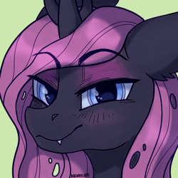 Size: 2000x2000 | Tagged: safe, artist:kotya, oc, oc:queen medley, species:changeling, blushing, bust, changeling queen, changeling queen oc, cute, female, portrait, purple changeling, smug, solo