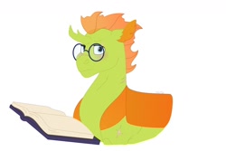 Size: 1280x854 | Tagged: safe, artist:itstechtock, oc, oc:acanthus, species:changeling, species:reformed changeling, book, glasses, simple background, solo, white background