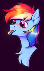 Size: 1845x3000 | Tagged: safe, artist:argigen, rcf community, character:rainbow dash, species:pony, blushing, bust, chest fluff, ear fluff, female, mare, portrait, pride month, simple background, solo, taste the rainbow, tongue out