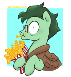 Size: 1280x1398 | Tagged: safe, artist:virtualkidavenue, oc, oc only, oc:dimbulb, species:earth pony, species:pony, bust, clothing, earth pony oc, eating, food, french fries, glasses, male, solo, stallion