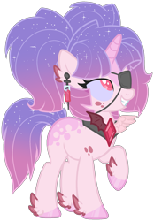 Size: 1459x2094 | Tagged: source needed, safe, artist:azrealrou, oc, oc only, species:pony, species:unicorn, ethereal mane, eyepatch, feathered fetlocks, galaxy mane, grin, hoof polish, horn, looking up, raised hoof, simple background, smiling, solo, transparent background, unicorn oc