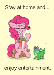 Size: 2500x3500 | Tagged: safe, artist:pink-pone, character:gummy, species:earth pony, species:pony, alligator, coronavirus, covid-19, eyes closed, food, laser pointer, pack, popcorn, simple background, sitting, smiling, tongue out, yelling
