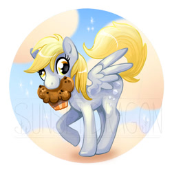 Size: 500x500 | Tagged: safe, artist:flying-fox, character:derpy hooves, species:pegasus, species:pony, female, food, mare, mouth hold, muffin, partial background, solo