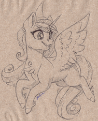 Size: 1500x1848 | Tagged: safe, artist:faline-art, character:princess cadance, species:alicorn, species:pony, female, flying, smiling, solo, traditional art