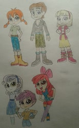 Size: 947x1535 | Tagged: safe, artist:jebens1, character:apple bloom, character:scootaloo, character:sweetie belle, species:pegasus, species:pony, my little pony:equestria girls, accessory swap, annika, belt, boots, bracelet, clothes swap, clothing, cutie mark crusaders, hoodie, jacket, jeans, jewelry, leggings, looking at you, pants, pippi longstocking, shirt, shoes, shorts, simple background, skirt, socks, tommy, traditional art, white background