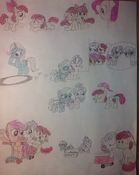 Size: 960x1207 | Tagged: safe, artist:jebens1, character:apple bloom, character:diamond tiara, character:pinkie pie, character:scootaloo, character:silver spoon, character:sweetie belle, character:trixie, oc, oc:apple buck, oc:diamond crown, oc:silver laddle, species:pegasus, species:pony, angry, blushing, cart, clothing, cutie mark crusaders, donut, eyes closed, food, hat, kissing, looking at each other, ponidox, rule 63, scooter, self paradox, self ponidox, smiling, wide eyes