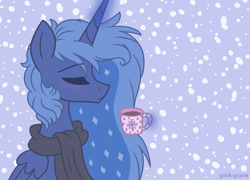 Size: 1500x1080 | Tagged: safe, artist:pink-pone, character:princess luna, species:alicorn, species:pony, chocolate, clothing, eyes closed, food, hot chocolate, scarf, snow, snowfall