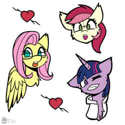 Size: 2000x2000 | Tagged: safe, artist:freak-side, character:fluttershy, character:roseluck, character:twilight sparkle, species:earth pony, species:pegasus, species:pony, species:unicorn, heart, simple background, sticker