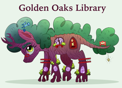 Size: 2785x2000 | Tagged: safe, artist:pink-pone, species:pony, bee, beehive, book, glasses, golden oaks library, insect, leaf, object pony, original species, plant pony, ponified, ponified building, species swap, telescope, tree, tree pony, window