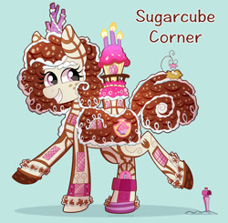 Size: 1280x1256 | Tagged: safe, alternate version, artist:pink-pone, species:pony, candle, cupcake, door, food, freckles, mailbox, nest, ponified, ponified building, smiling, solo, sugarcube corner, window