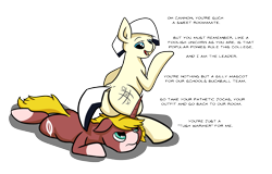 Size: 1957x1250 | Tagged: safe, artist:khaki-cap, oc, oc only, oc:cannon de minor, oc:cannon deminor, oc:criss cross, species:earth pony, species:pony, species:unicorn, ass, assisted exposure, butt, cutie mark, earth pony oc, faceful of ass, facesitting, horn, mocking, simple background, sitting on, sitting on head, sitting on pony, smug, students, text, transparent background, unicorn oc