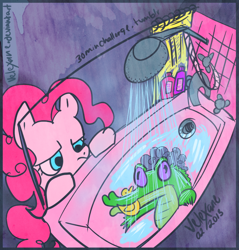 Size: 778x813 | Tagged: safe, artist:velexane, character:gummy, character:pinkie pie, 30 minute art challenge, shower