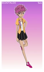 Size: 1920x3120 | Tagged: safe, artist:banquo0, character:scootaloo, species:human, species:pegasus, species:pony, art pack:my little persona, clothing, female, humanized, pleated skirt, ribbon, scar, school uniform, shoes, skirt, solo, tank top