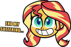 Size: 1024x672 | Tagged: safe, artist:kingdark0001, character:sunset shimmer, my little pony:equestria girls, my little pony:pony life, disembodied head, female, floating head, simple background, smiling, solo, text, white background